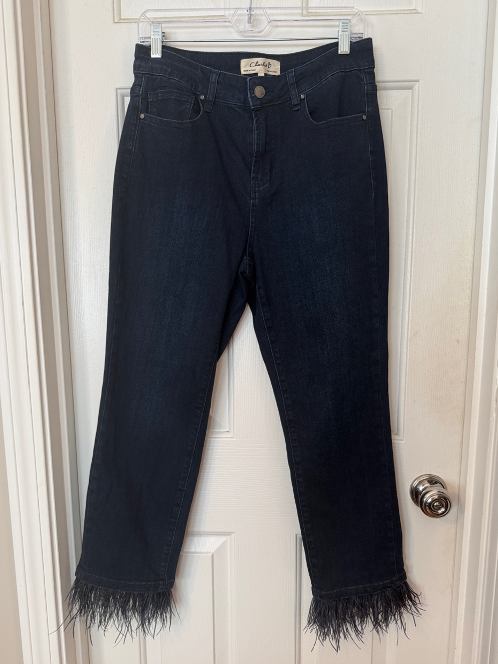 CHARLIE B Black Cropped Jeans with Feather Trim